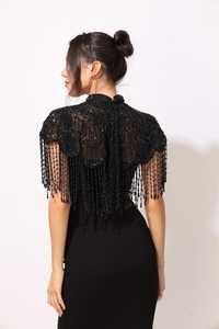 Cape Burlesque élégante avec des paillettes de brins perlés Belle silhouette droite Attache le cou Enveloppe de fête pour les occasions de club - Product Image 2