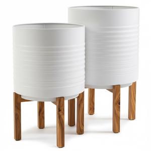 Support de plante en bois vintage avec pot de fleurs en métal blanc, élégant porte-pot de fleurs pour la décoration de la maison et du jardin, pot de fleurs d'intérieur - Product Image 2