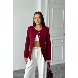 Veste col rond bordeaux avec détail de passepoil sur les poches pour femme, blazers élégants - Product Image 3