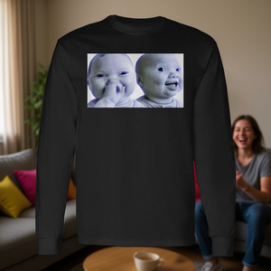 T-shirt a maniche lunghe con meme AI virale di Niche Baby Gen Z che ride e si rispiega, T-shirt promozionale virale - Product Image 3