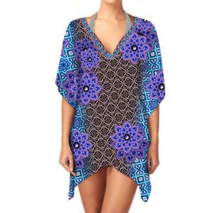 Robe caftan courte pour femmes à la mode tissu léger respirant col en v impression numérique pour l'été plage et vacances décontractées - Product Image 1