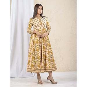 Vestido Largo de Algodón Estampado Color Crema Mostaza, Casual y Elegante, Transpirable, Talla Única y Largo hasta el Suelo, Moderno para Damas - Product Image 5
