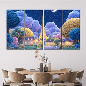 Impresión en lienzo de Elegant Paris Dreamscape: Torre Eiffel y Pueblo de Fantasía, 4P: Enmarcado tipo galería - Product Image 1
