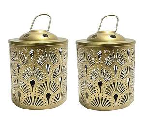 Lanterne de luxe en métal doré fait à la main, design marocain en acrylique, bougie chauffe-plat suspendue à LED pour la fête à la maison - Product Image 1