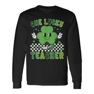 T-shirt a maniche lunghe Groovy per il giorno di San Patrizio One Lucky Teacher Shamrock Face - T-shirt promozionale - Product Image 1