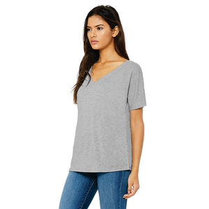65% Poly 35% Viscose 32 simple 3.7 oz gris athlétique pour femme, T-Shirt col en v ample avec fond incurvé subtil en coton - Product Image 2