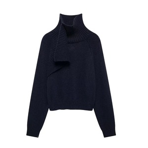 Women Fashion Chic Navy Knit Sweater With <b>Scarf</b> Female High Neck Long Sleeves Pullovers Ladies Casual Knitwear - Product Image 1