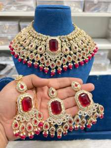 Collar de Piedras Kundan Monalisa Chapado en Oro con Pendientes y Maang Tikka, Conjunto de Joyería Tradicional India para Bodas y Fiestas - Product Image 2