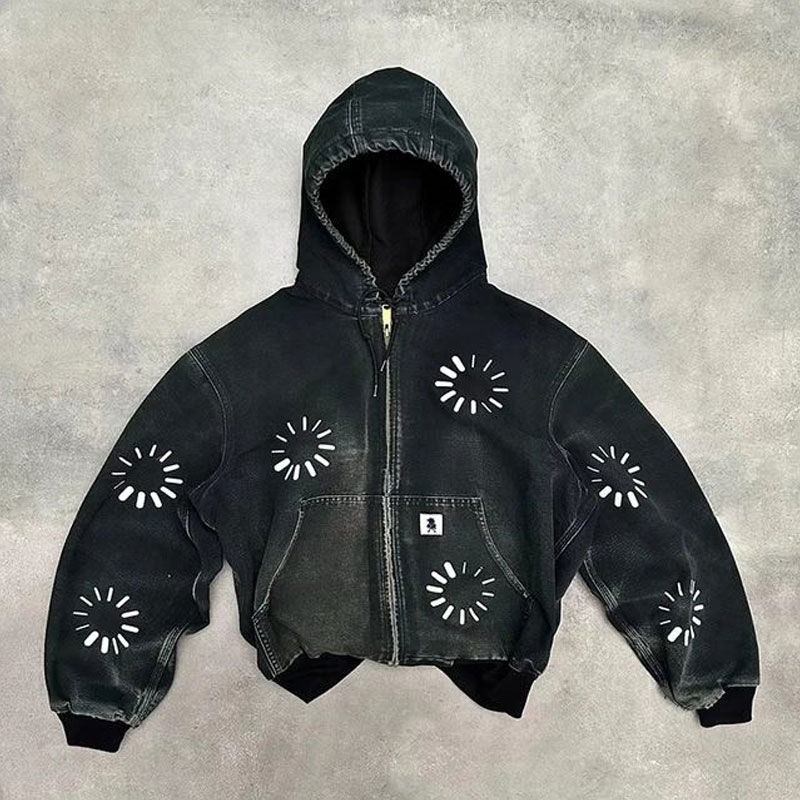 トップス STONE  Sleeve Logo Full Zip Hoodie Custom Stone Washed Full Face Zipper Hoodie Printing