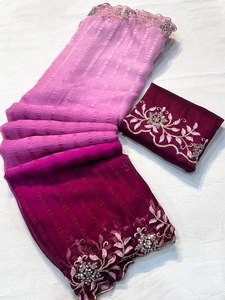 Faux Georgette Đẹp In Ưa Thích Cắt Biên Giới Làm Việc 5.5 Mtr Dài Chiều Dài Kitty Đảng Đặc Biệt Thời Trang Saree Áo Mảnh - Product Image 4