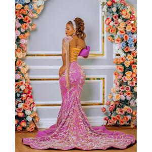 Robe de Soirée Sirène de Luxe Faite à la Main en Cristal Rose Blush, Style Bal de Promo, Taille Empire, Étages Superposés, Longueur Ras du Sol, pour Mariées - Product Image 3