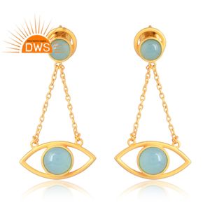 Mejor Venta de plata de ley 925 18K chapado en oro Natural Aqua Calcedonia piedra preciosa pendiente Demi joyería fina fabricante - Product Image 1