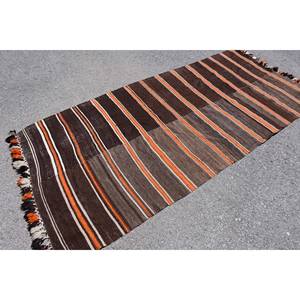 Alfombra Kilim Vintage, marrón, beige, clásica, lana de 3,8x8,4 pies, respaldo de látex de yute, retales abstractos para entrada, pasillo rectangular - Product Image 2