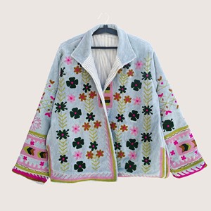 Abrigo de Lana Bordado Estilo Bohemio para Mujer, Talla Grande, Manga Larga, Cuello Redondo, Patrón Suzani, Hecho a Mano, Frente Abierto, Largo, Invierno, Ecológico - Product Image 1