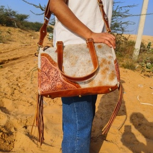 LW Hand Tooled Floral Print Cowhide Fur Leather Tote Bags Western Stylish Evening Bag And Tooled Clutch <b>Unique</b> Combo - Product Image 3