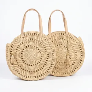 Natural <b>Raffia</b> Woven Round Tote Bag with Tassel Luxury Bohemian Shoulder <b>Handbag</b> Two Straps for Beach Travel up to 1L Capacity - Product Image 5