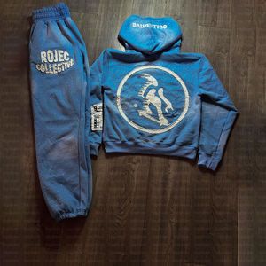 Streetwear personnalisé pour hommes, survêtement lourd avec broderie dégradée, pantalon de survêtement vintage délavé à l'acide, ensemble de sweat à capuche, survêtement avec strass - Product Image 2