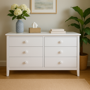 Cómoda Dakota de 6 Cajones, Diseño Moderno y Elegante en Blanco, Madera de Caucho Sólida, Ecológica y Duradera, Amplio Espacio de Almacenamiento para Apartamento o Dormitorio - Product Image 1