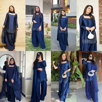 Traje Salwar Kameez/Vestido de Tres Piezas con Corte Recto, Bordado Zari y Kundan, Color Azul, Talla M-5XL, Algodón Natural Puro, para Fiesta