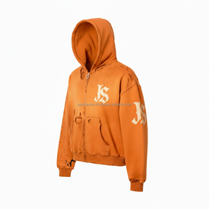 Sweat à capuche zippé pour femme Tissu polaire épais Ombre orange Logo personnalisé Broderie Impression bouffante Look vieilli Vêtements chauds basiques sweats à capuche - Product Image 4