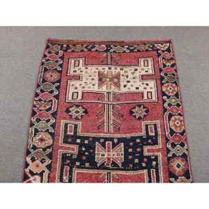 Tapis turc 3,2 x 9,8 pieds, tapis de couloir vintage, tapis à carreaux rouge et bleu - Product Image 4