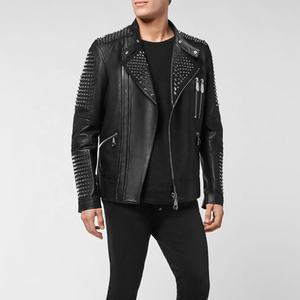 Veste cloutée en cuir pour homme, nouveau Style motard noir en peau de vache véritable - Product Image 4