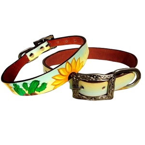 Collar de perro de cuero genuino de la más alta calidad hecho a mano con diseño de girasol y cactus pintado a mano Proveedor superior Saman Exports - Product Image 2