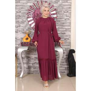 Robe de soirée longue en mousseline de soie avec dentelle, taille naturelle, col rond, coupe trapèze, manches bouffantes, 100% coton, taille XS - Product Image 6