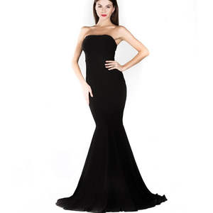 Vestido de satén negro elegante y sencillo estilo sirena, corte imperio, con pedrería de cristal, borlas y malla frontal estampada, tejido para fiestas. - Product Image 2