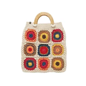 Eco Friendly Hand Made Square Crochet Bag Colorful Flower Design Crochet Tote Bag Gift For Her Christmas Gift
