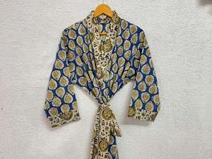 เสื้อคลุมอาบน้ำกิโมโนนุ่มสบายพิมพ์ลายดอกไม้ผ้าฝ้ายความยาว100% รอบเอวธรรมชาติสำหรับอาบน้ำชายหาดกลางคืนซักได้ - Product Image 5