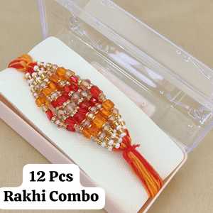 Indische traditionelle elegante Designer Rakhi Box mit Premium Rakhis Erschwing licher kostenloser Versand Zwölf Stück Bunte Rakhis - Product Image 1