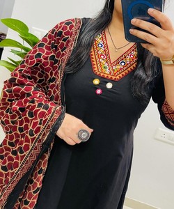 FANCY RAYON SLUB APPLIQUE WORK TOP-BOTTOM with DUPATTA FESTIVE WEAR IN-STOCK COTTON BLEND MULTI COLOR <b>Women's</b> Ethnic Garment - Product Image 2