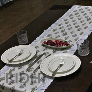 Handmade High Quality Customizable Light <b>Blue</b> Floral Cotton Ruffle Indian Block Printed Decorative Table <b>Runner</b> Use Home Hotel - Product Image 3