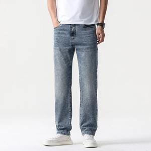 2025 dernière conception Logo personnalisé enduit hommes taille haute léger Style droit Denim pantalon taille élastique grande taille mi 100% coton - Product Image 5