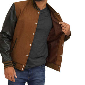 Hot Selling Solid <b>Brown</b> Black Color Baseball Varsity <b>Jacket</b> With <b>Leather</b> Sleeves 100% Cotton Fabric Letterman <b>Men's</b> <b>Jackets</b> - Product Image 5
