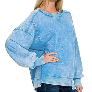 Sweat-shirts oversize pour femmes en molleton de coton lavé d'hiver, panneaux personnalisés, rayures latérales, taille plus, streetwear, fentes latérales, col rond côtelé - Product Image 1