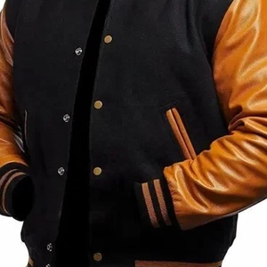 Veste universitaire sportive col montant manches en cuir de laine noire Streetwear Bomber Jacket CollegeBaseballjacket pour hommes - Product Image 4