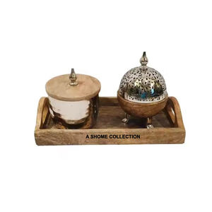 Best Quality Luxury Metal Golden and Black Color Arabian <b>Oud</b> Mabkhar <b>Bakhoor</b> Decorative Burner with Tray Set - Product Image 3