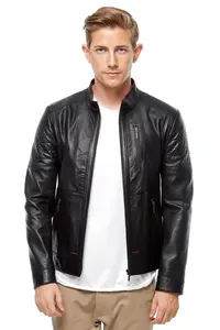 Chaqueta de cuero suave y transpirable de piel de cordero auténtica para motocicleta negra perforada ajustada para hombre - Product Image 3
