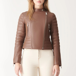 Chaqueta de cuero genuino OEM personalizada para mujer con material de piel de oveja real, elegante abrigo de motorista ajustado para Otoño e Invierno - Product Image 4