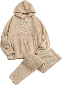 ชุดนอน2ชิ้นผ้าฟลีซขนแกะฟูระบายอากาศสำหรับผู้หญิงชุดนอนลำลองแขนยาวมีกระเป๋าและกางเกง - Product Image 4