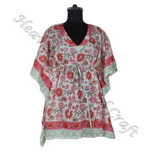 100% coton femmes vêtements de nuit main bloc imprimé caftan robe KFCS022 poids léger femmes décontracté Occasion porter courte Caftan robe - Product Image 5