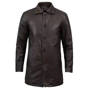 Abrigo Largo de Cuero Genuino para Hombre, Cuello Camisero, Cierre de un Solo Botón, Manga Regular, Grosor Estándar - Product Image 4