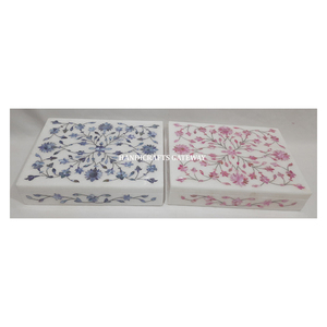 Incrustation de marbre blanc bleu et rose nacre boîte à bijoux forme de rectangle conception de fleurs à la main utilisée pour l'emballage de bracelets - Product Image 1