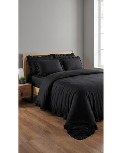 Parure de lit double moderne noire en polycoton avec taie d'oreiller, housse de couette, drap-housse et couvre-lit à volants pour la maison et l'hôtellerie - Product Image 2