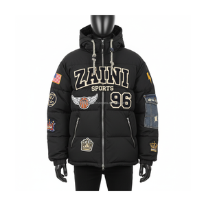 แจ็กเก็ตขนเป็ดสำหรับผู้ชายเสื้อแจ็คเก็ตผ้าโพลีเอสเตอร์แบบมีฮู้ดอบอุ่นสไตล์เดนิมแจ็กเก็ตแบบเลือกโลโก้ได้ - Product Image 1