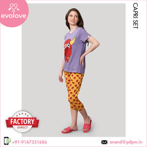 Femmes haut de gamme 100% coton Jersey deux pièces Capri genou longueur robe de nuit doux personnalisé usage domestique vêtements de nuit pour la saison de printemps - Product Image 2