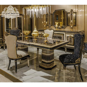 Juego de mesa de comedor pulido en oro negro de diseño turco, comedor tallado a mano de estilo europeo, juego de mesa de comedor de aspecto metálico de lujo - Product Image 1
