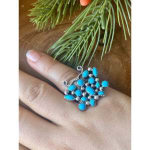 Navajo Kingman Turquoise & Sterling <b>Silver</b> <b>Statement</b> Butterfly Cluster <b>Ring</b> Bezel Setting Geometric Pattern Size 7 Everyday Wear - Product Image 2